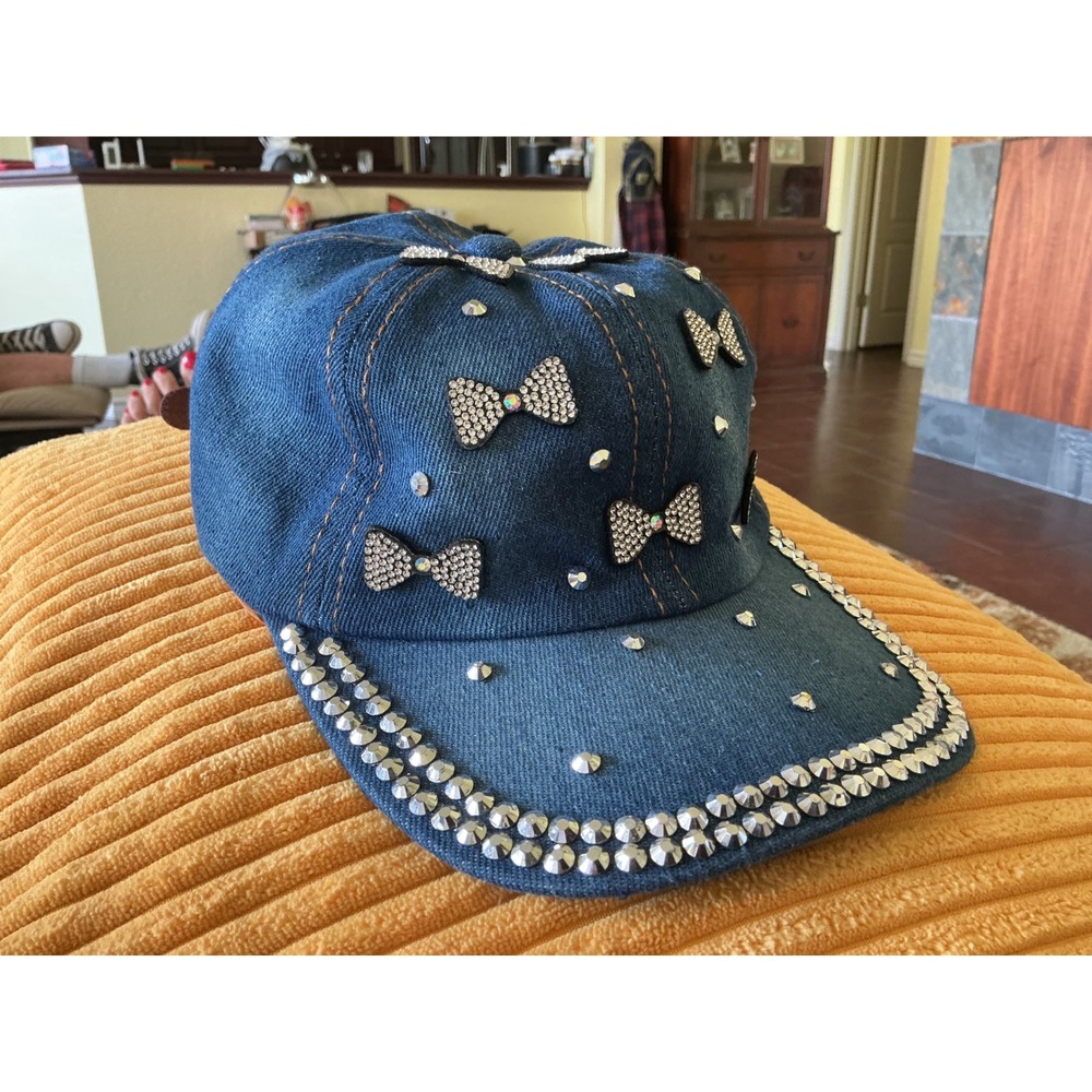 Olivia & Kate NY Blue Denim Rhinestone Bow Studded Baseball Cap Hat Adjustable